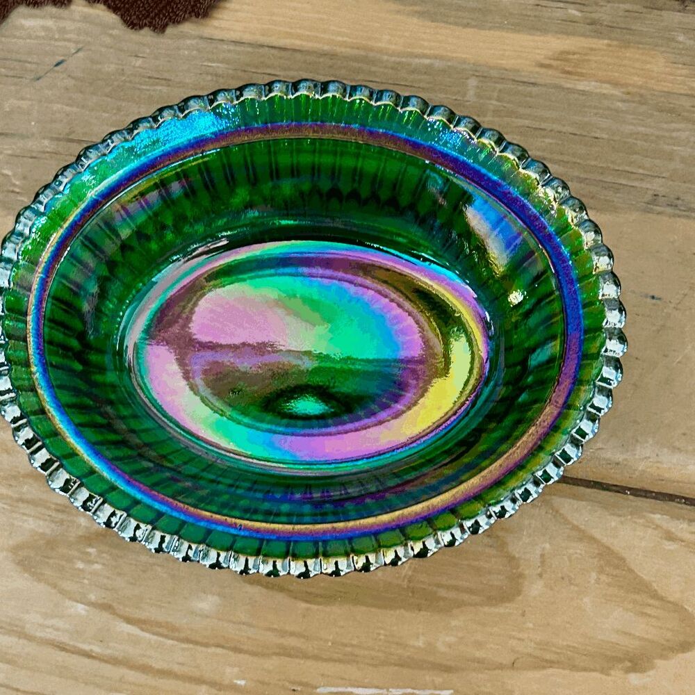 Horse Covered Candy Dish –Hunter Green Carnival 2 Piece Glass Horse on Ribbed Va - Picture 2 of 5